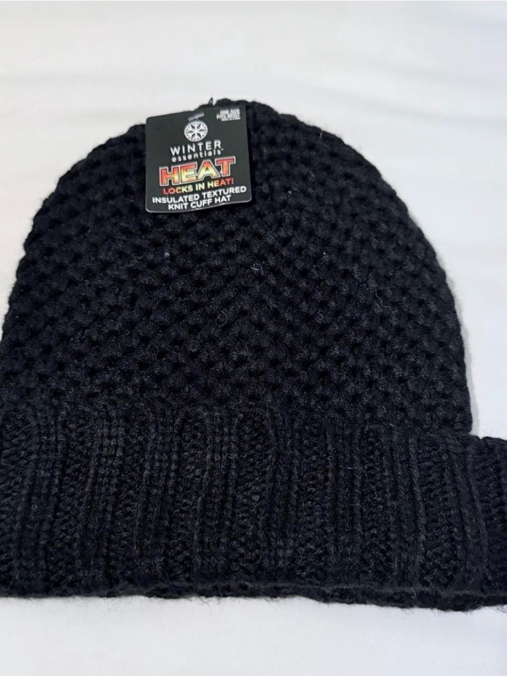 Essentials Black Textured Knit Cuff Beanie with Heat Lining